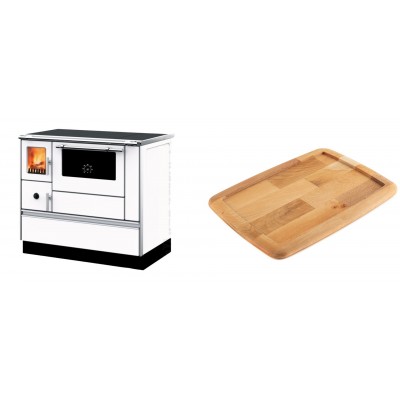 Set Küchenofen mit Backofen und Kochplatte Alfa Plam, Modell Dominant 90H Weiß, Leistung 6.5kW + Holz untersetzer für gusseisenplatte Solagio HSST2131 - Kaminofen - Holzofen mit Backfach