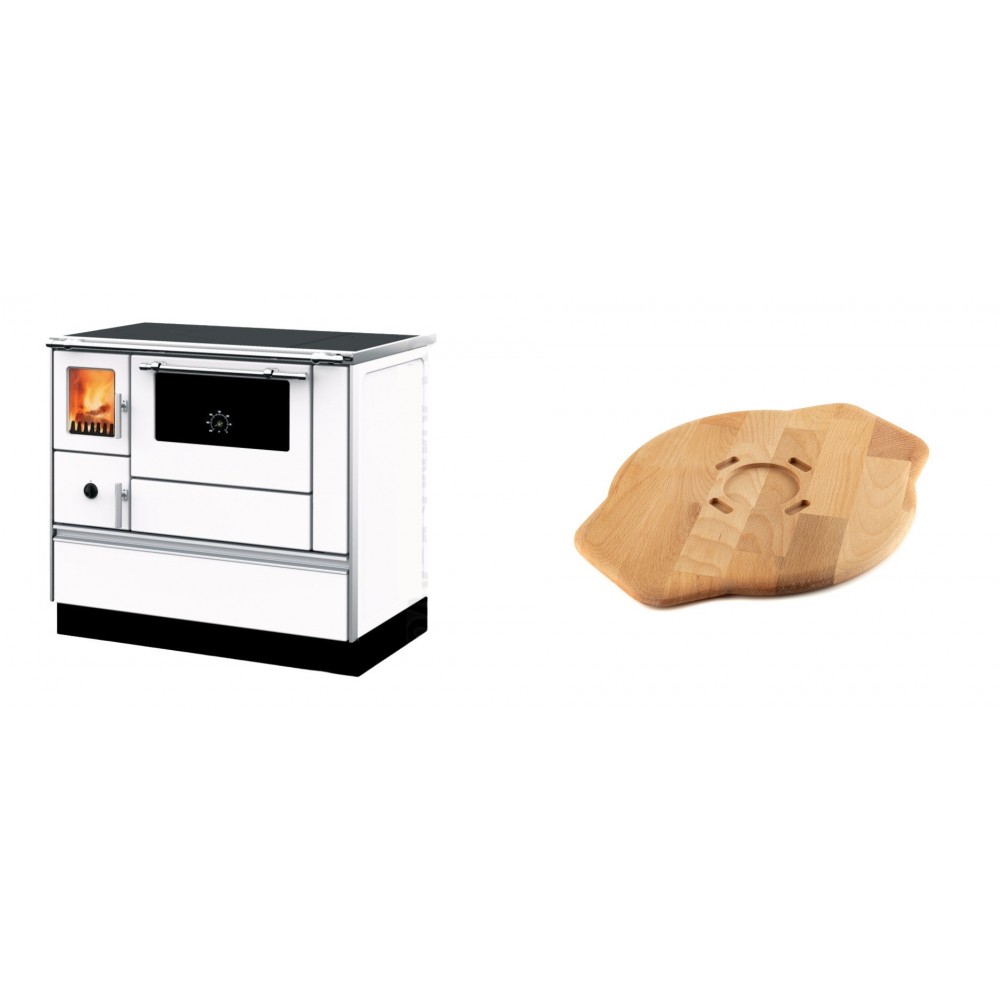 Set Küchenofen mit Backofen und Kochplatte Alfa Plam, Modell Dominant 90H Weiß, Leistung 6.5kW + Holz untersetzer für Gusseisenplatte Solagio HSYSAK28