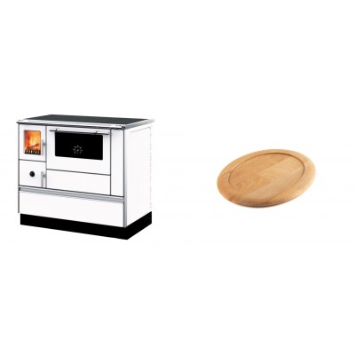 Set Küchenofen mit Backofen und Kochplatte Alfa Plam, Modell Dominant 90H Weiß, Leistung 6.5kW + Holz untersetzer für ovale gusseisenpfanne Solagio HSFT1825 - Kaminofen - Holzofen mit Backfach
