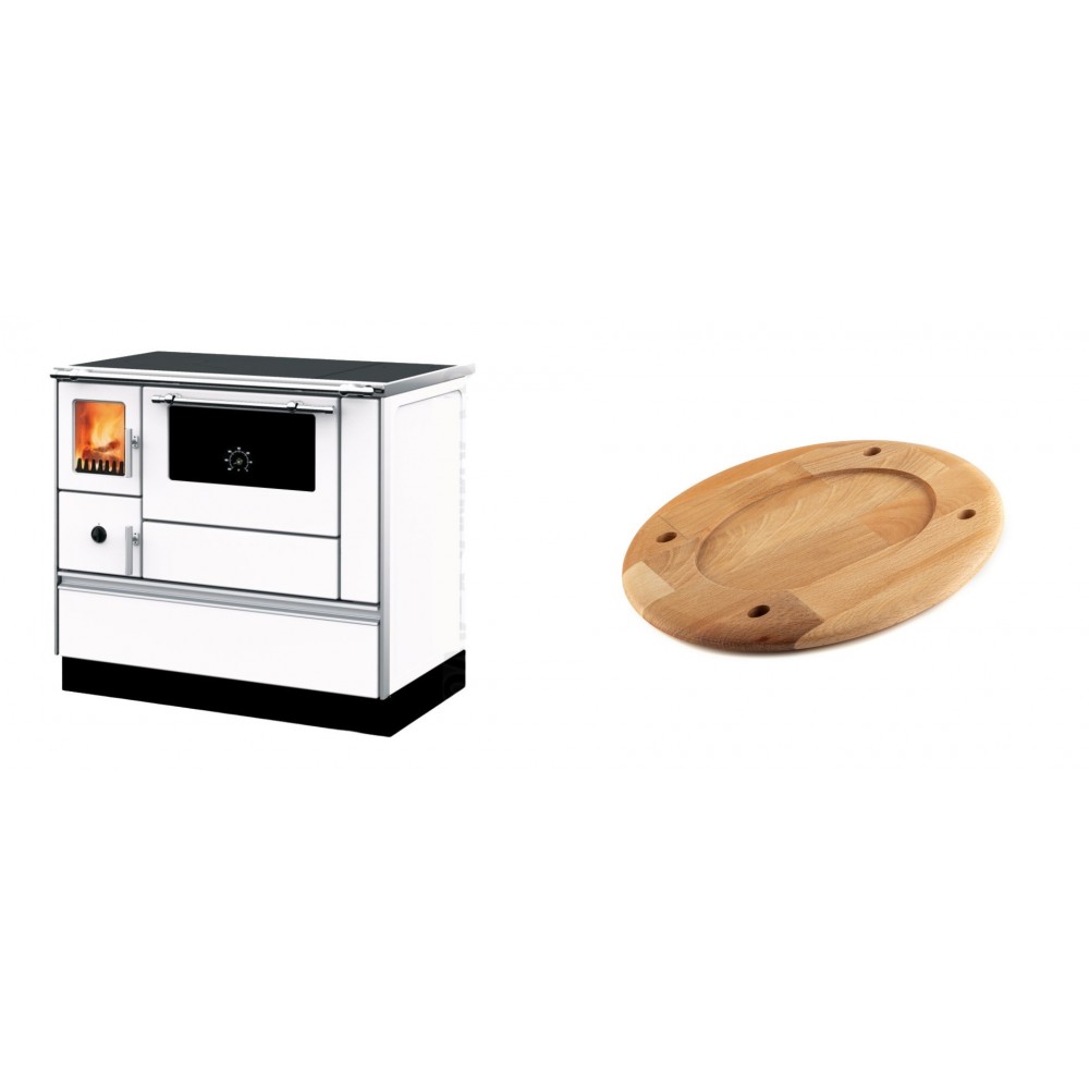Set Küchenofen mit Backofen und Kochplatte Alfa Plam, Modell Dominant 90H Weiß, Leistung 6.5kW + Holz untersetzer für ovale platte Solagio HSOISK2533, 25x33cm