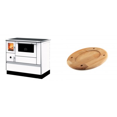 Set Küchenofen mit Backofen und Kochplatte Alfa Plam, Modell Dominant 90H Weiß, Leistung 6.5kW + Holz untersetzer für ovale platte Solagio HSOISK2533, 25x33cm - Kaminofen - Holzofen mit Backfach