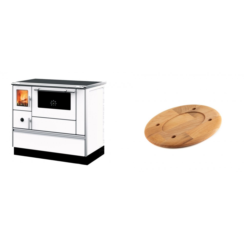 Set Küchenofen mit Backofen und Kochplatte Alfa Plam, Modell Dominant 90H Weiß, Leistung 6.5kW + Holz untersetzer für ovale platte Solagio HSOISK1728, 17x28cm