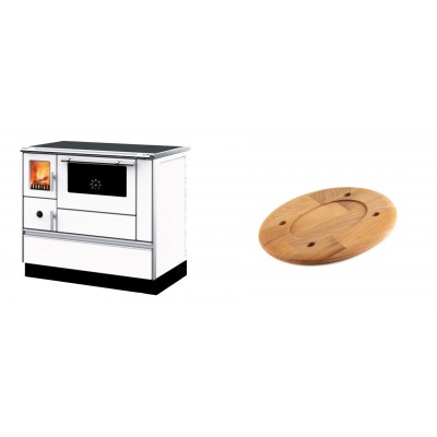 Set Küchenofen mit Backofen und Kochplatte Alfa Plam, Modell Dominant 90H Weiß, Leistung 6.5kW + Holz untersetzer für ovale platte Solagio HSOISK1728, 17x28cm - Kaminofen - Holzofen mit Backfach