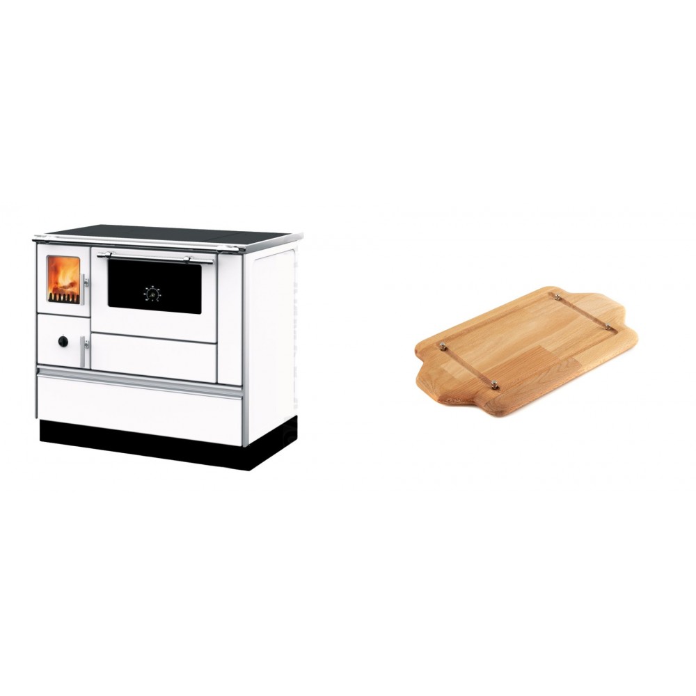 Set Küchenofen mit Backofen und Kochplatte Alfa Plam, Modell Dominant 90H Weiß, Leistung 6.5kW + Holz untersetzer für mini-gusseisenplatte Solagio HSDDHP1522