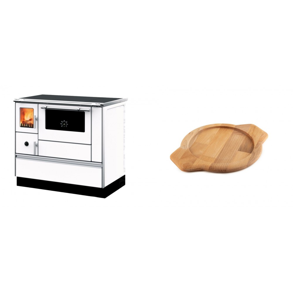 Set Küchenofen mit Backofen und Kochplatte Alfa Plam, Modell Dominant 90H Weiß, Leistung 6.5kW + Holz untersetzer für gusseisenschüssel Solagio HSYKTV22 | Kaminofen - Holzofen mit Backfach | Kaminofen |