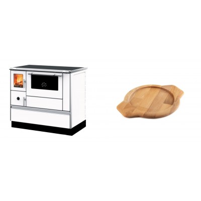 Set Küchenofen mit Backofen und Kochplatte Alfa Plam, Modell Dominant 90H Weiß, Leistung 6.5kW + Holz untersetzer für gusseisenschüssel Solagio HSYKTV22 - Kaminofen - Holzofen mit Backfach