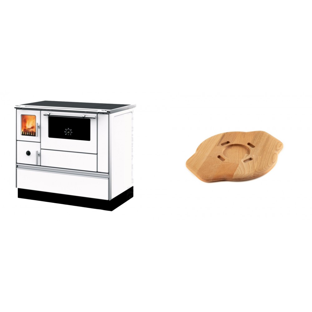 Set Küchenofen mit Backofen und Kochplatte Alfa Plam, Modell Dominant 90H Weiß, Leistung 6.5kW + Holz untersetzer für gusseisenplatte Solagio HSYSAK20