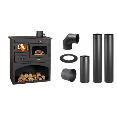 Set Küchenofen / Küchenhexe mit Backofen und Kochplatte Prity, Modell 1P34, Leistung 10.1kW + Schornstein Bausatz PARKANEX, Stahl Ø130, Dicke 2mm - Kaminofen - Holzofen mit Backfach