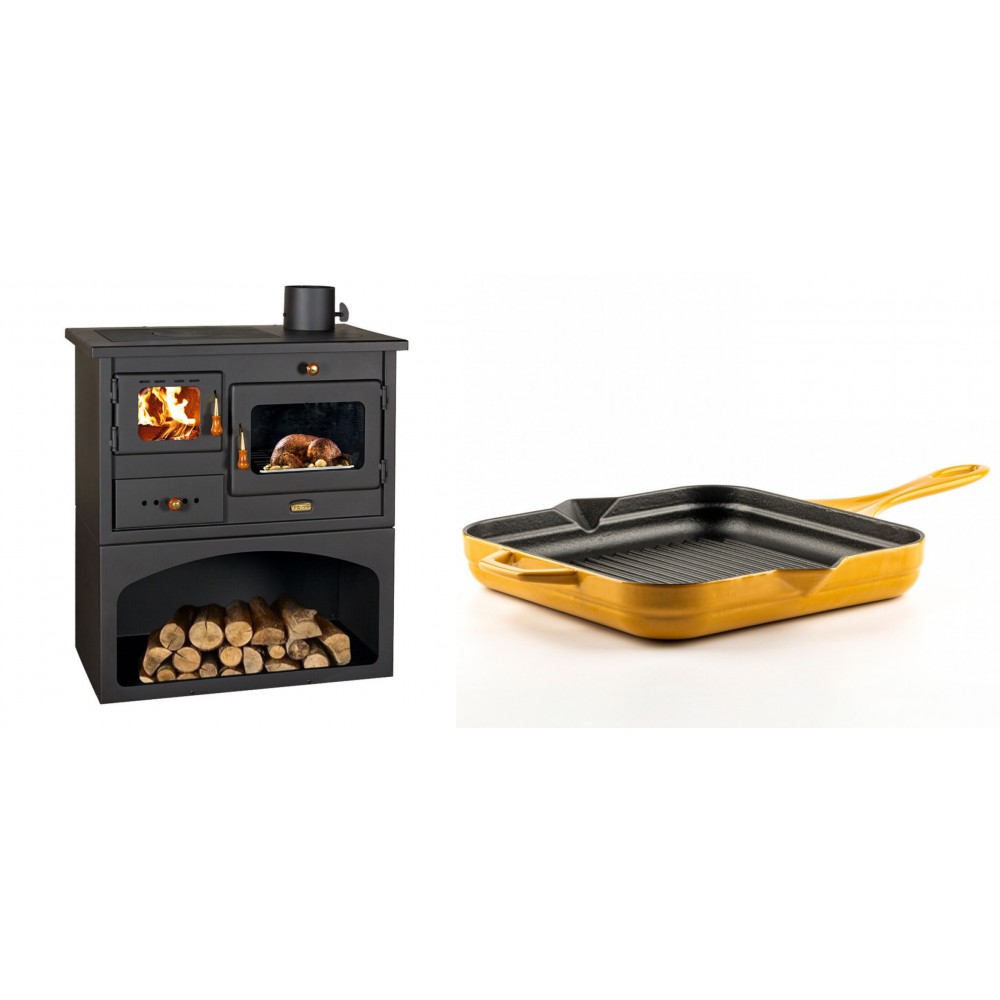 Set Küchenofen / Küchenhexe mit Backofen und Kochplatte Prity, Modell 1P34, Leistung 10.1kW + Emaillierte grillpfanne Gusseisen Solagio, Dijon, 28х28cm | Kaminofen - Holzofen mit Backfach | Kaminofen |