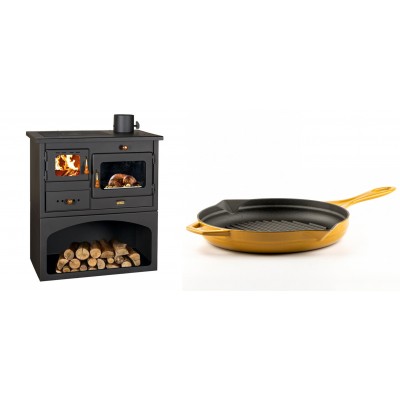 Set Küchenofen / Küchenhexe mit Backofen und Kochplatte Prity, Modell 1P34, Leistung 10.1kW + Emaillierte grillpfanne Gusseisen Solagio, Dijon, Ф28cm - Kaminofen - Holzofen mit Backfach