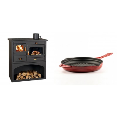 Set Küchenofen / Küchenhexe mit Backofen und Kochplatte Prity, Modell 1P34, Leistung 10.1kW + Emaillierte grillpfanne Gusseisen Solagio, Rubin, Ф24cm - Kaminofen - Holzofen mit Backfach