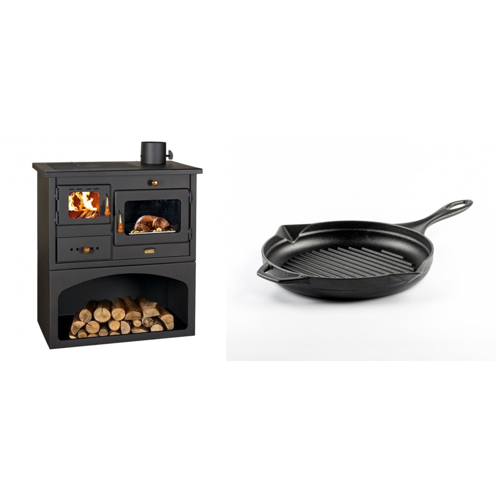 Set Küchenofen / Küchenhexe mit Backofen und Kochplatte Prity, Modell 1P34, Leistung 10.1kW + Emaillierte grillpfanne Gusseisen Solagio, Black Onyx, Ф24cm | Kaminofen - Holzofen mit Backfach | Kaminofen |