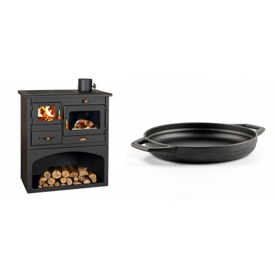 Set Küchenofen / Küchenhexe mit Backofen und Kochplatte Prity, Modell 1P34, Leistung 10.1kW + Emaillierte gusseisenpfanne mit zwei Griffen Solagio, Black Onyx, Ф22cm - Kaminofen - Holzofen mit Backfach