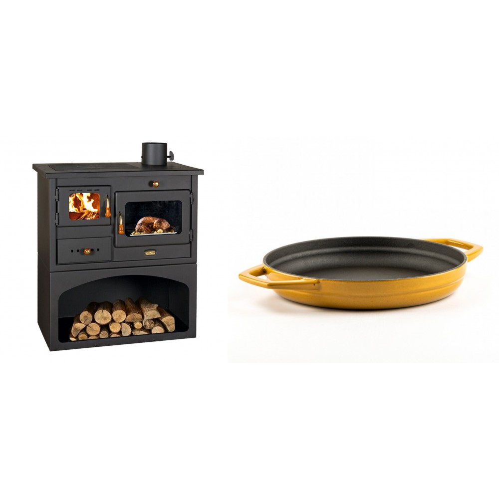 Set Küchenofen / Küchenhexe mit Backofen und Kochplatte Prity, Modell 1P34, Leistung 10.1kW + Emaillierte gusseisenpfanne mit zwei Griffen Solagio, Dijon, Ф22cm | Kaminofen - Holzofen mit Backfach | Kaminofen |