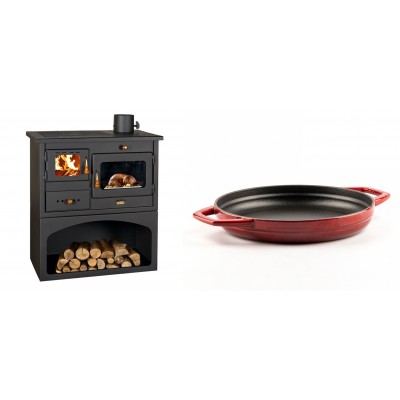 Set Küchenofen / Küchenhexe mit Backofen und Kochplatte Prity, Modell 1P34, Leistung 10.1kW + Emaillierte gusseisenpfanne mit zwei Griffen Solagio, Rubin, Ф22cm - Kaminofen - Holzofen mit Backfach
