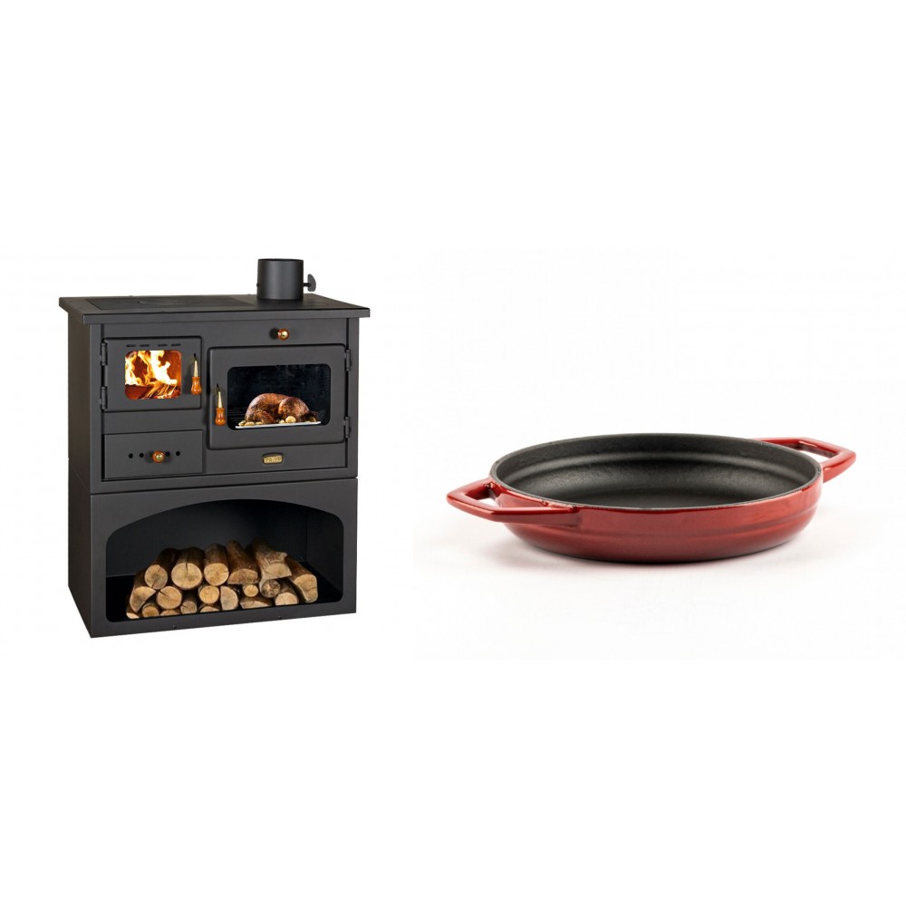 Set Küchenofen / Küchenhexe mit Backofen und Kochplatte Prity, Modell 1P34, Leistung 10.1kW + Emaillierte gusseisenpfanne mit zwei Griffen Solagio, Rubin, Ф19cm | Kaminofen - Holzofen mit Backfach | Kaminofen |