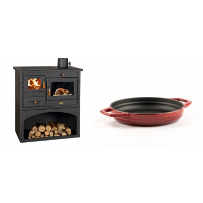 Set Küchenofen / Küchenhexe mit Backofen und Kochplatte Prity, Modell 1P34, Leistung 10.1kW + Emaillierte gusseisenpfanne mit zwei Griffen Solagio, Rubin, Ф19cm - Kaminofen - Holzofen mit Backfach