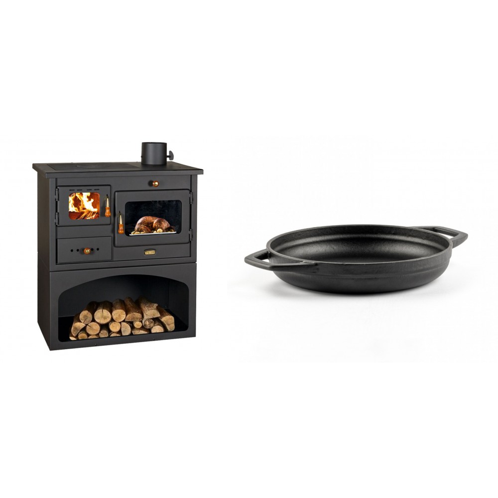 Set Küchenofen / Küchenhexe mit Backofen und Kochplatte Prity, Modell 1P34, Leistung 10.1kW + Emaillierte gusseisenpfanne mit zwei Griffen Solagio, Black Onyx, Ф19cm | Kaminofen - Holzofen mit Backfach | Kaminofen |