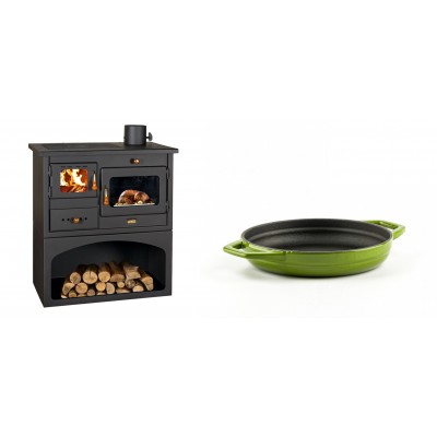 Set Küchenofen / Küchenhexe mit Backofen und Kochplatte Prity, Modell 1P34, Leistung 10.1kW + Emaillierte gusseisenpfanne mit zwei Griffen Solagio, Bamboo, Ф16cm - Kaminofen - Holzofen mit Backfach