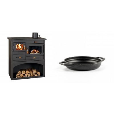 Set Küchenofen / Küchenhexe mit Backofen und Kochplatte Prity, Modell 1P34, Leistung 10.1kW + Emaillierte gusseisenpfanne mit zwei Griffen Solagio, Black Onyx, Ф16cm - Kaminofen - Holzofen mit Backfach