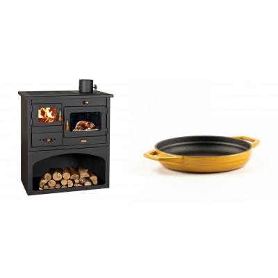 Set Küchenofen / Küchenhexe mit Backofen und Kochplatte Prity, Modell 1P34, Leistung 10.1kW + Emaillierte gusseisenpfanne mit zwei Griffen Solagio, Dijon, Ф16cm - Kaminofen - Holzofen mit Backfach