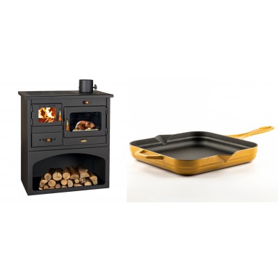 Set Küchenofen / Küchenhexe mit Backofen und Kochplatte Prity, Modell 1P34, Leistung 10.1kW + Emaillierte Gusseisenpfanne Solagio, Dijon, 28x28cm - Kaminofen - Holzofen mit Backfach