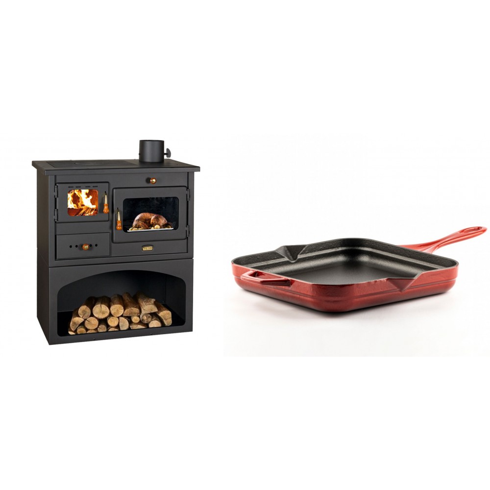 Set Küchenofen / Küchenhexe mit Backofen und Kochplatte Prity, Modell 1P34, Leistung 10.1kW + Emaillierte Gusseisenpfanne Solagio, Rubin, 28x28cm | Kaminofen - Holzofen mit Backfach | Kaminofen |