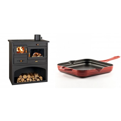 Set Küchenofen / Küchenhexe mit Backofen und Kochplatte Prity, Modell 1P34, Leistung 10.1kW + Emaillierte Gusseisenpfanne Solagio, Rubin, 28x28cm - Kaminofen - Holzofen mit Backfach