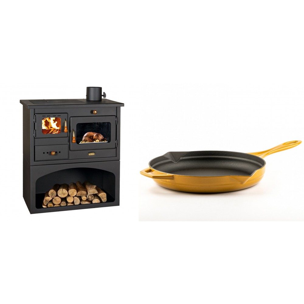 Set Küchenofen / Küchenhexe mit Backofen und Kochplatte Prity, Modell 1P34, Leistung 10.1kW + Emaillierte Gusseisenpfanne Solagio, Dijon, Ф28cm | Kaminofen - Holzofen mit Backfach | Kaminofen |