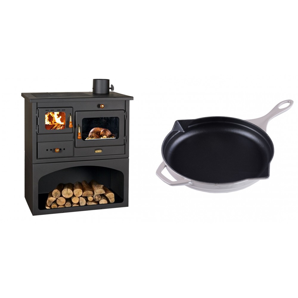 Set Küchenofen / Küchenhexe mit Backofen und Kochplatte Prity, Modell 1P34, Leistung 10.1kW + Emaillierte Gusseisenpfanne Solagio, Ivory, Ф28cm | Kaminofen - Holzofen mit Backfach | Kaminofen |