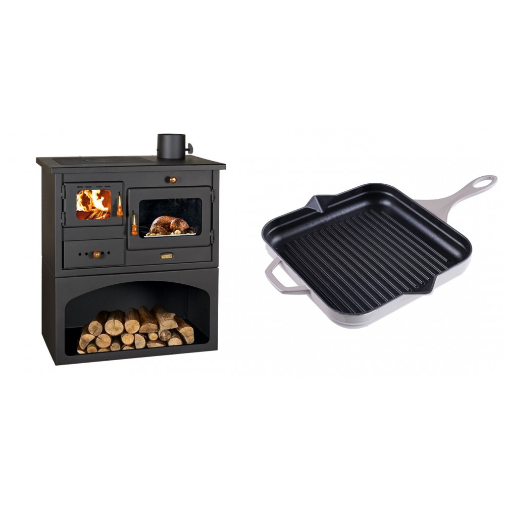 Set Küchenofen / Küchenhexe mit Backofen und Kochplatte Prity, Modell 1P34, Leistung 10.1kW + Emaillierte grillpfanne Gusseisen Solagio, Ivory, 28x28cm | Kaminofen - Holzofen mit Backfach | Kaminofen |