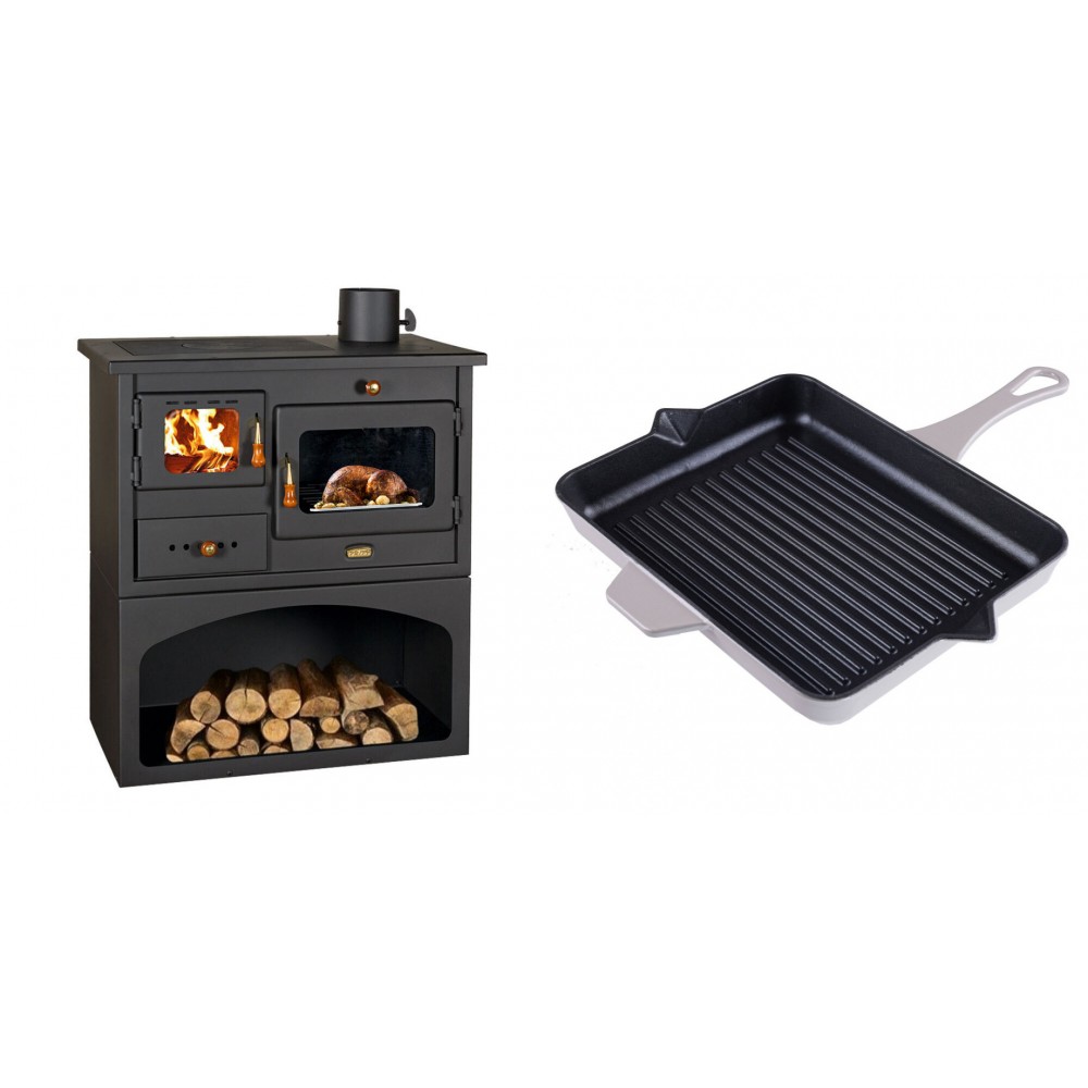 Set Küchenofen / Küchenhexe mit Backofen und Kochplatte Prity, Modell 1P34, Leistung 10.1kW + Emaillierte grillpfanne Gusseisen Solagio, Ivory, 26x32cm