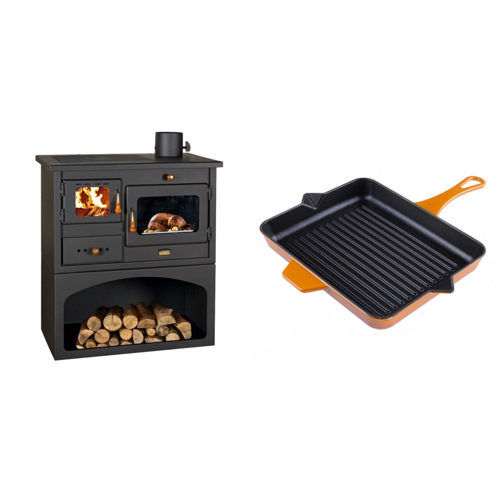 Set Küchenofen / Küchenhexe mit Backofen und Kochplatte Prity, Modell 1P34, Leistung 10.1kW + Emaillierte grillpfanne Gusseisen Solagio, Dijon, 26x32cm | Kaminofen - Holzofen mit Backfach | Kaminofen |