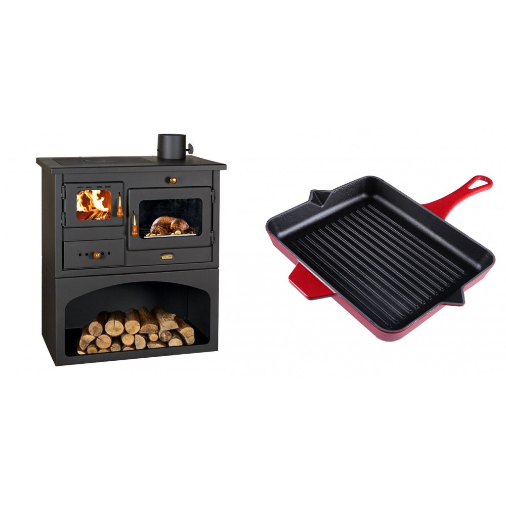 Set Küchenofen / Küchenhexe mit Backofen und Kochplatte Prity, Modell 1P34, Leistung 10.1kW + Emaillierte grillpfanne Gusseisen Solagio, Rubin, 26x32cm