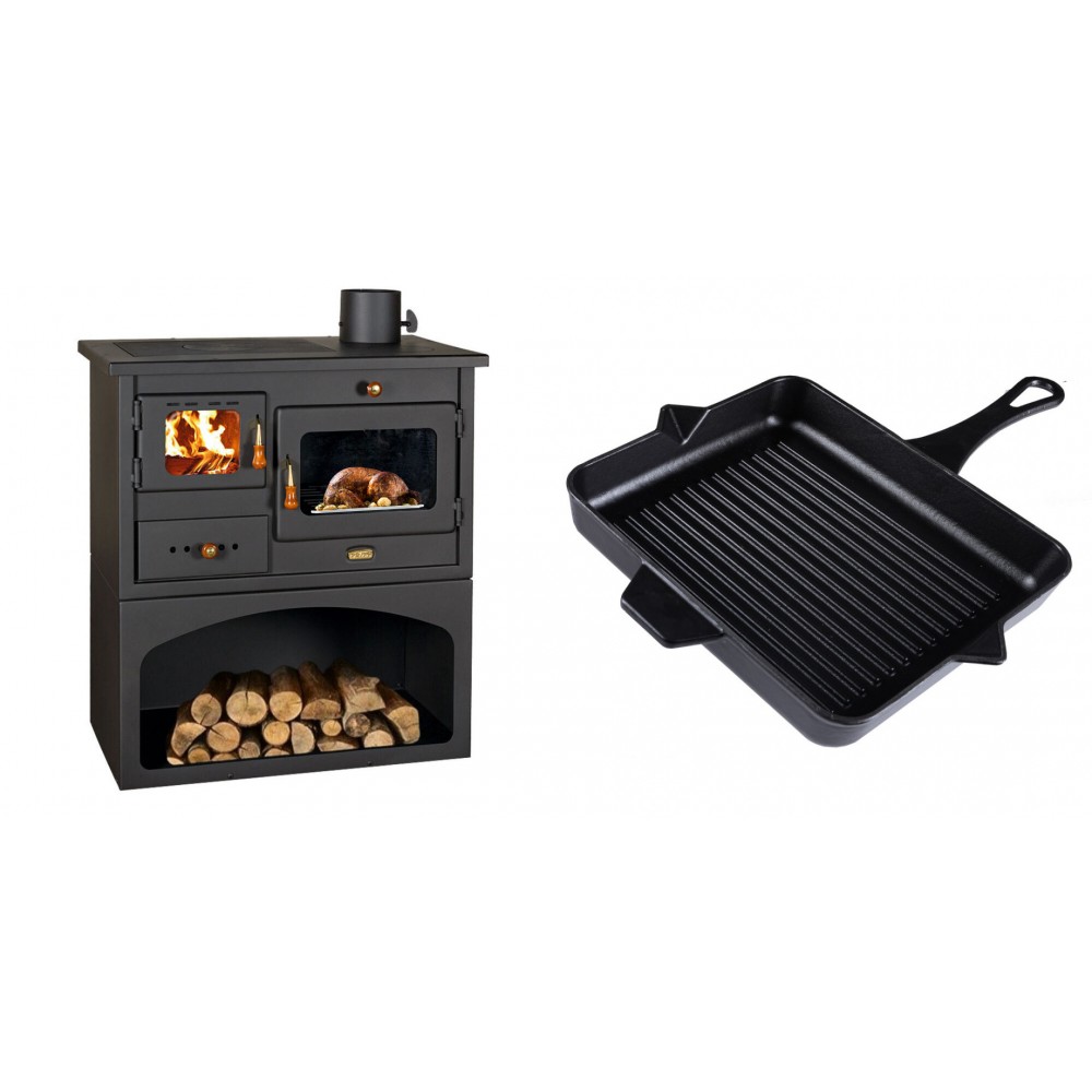 Set Küchenofen / Küchenhexe mit Backofen und Kochplatte Prity, Modell 1P34, Leistung 10.1kW + Emaillierte grillpfanne Gusseisen Solagio, Black Onyx, 26x32cm | Kaminofen - Holzofen mit Backfach | Kaminofen |