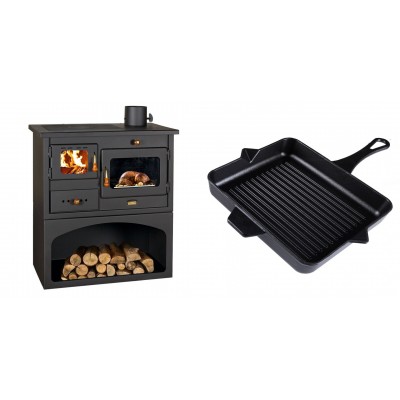 Set Küchenofen / Küchenhexe mit Backofen und Kochplatte Prity, Modell 1P34, Leistung 10.1kW + Emaillierte grillpfanne Gusseisen Solagio, Black Onyx, 26x32cm - Kaminofen - Holzofen mit Backfach
