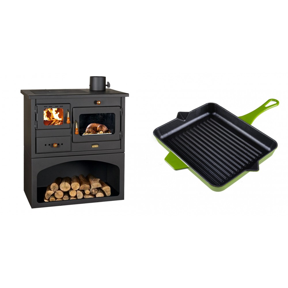 Set Küchenofen / Küchenhexe mit Backofen und Kochplatte Prity, Modell 1P34, Leistung 10.1kW + Emaillierte grillpfanne Gusseisen Solagio, Bamboo, 26x32cm