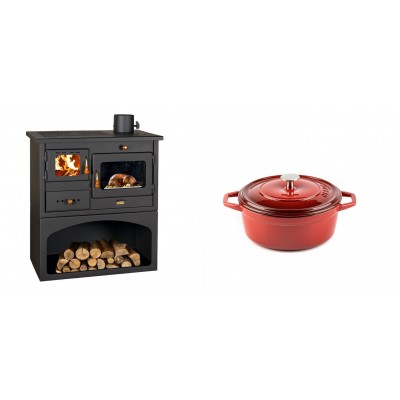 Set Küchenofen / Küchenhexe mit Backofen und Kochplatte Prity, Modell 1P34, Leistung 10.1kW + Gusseisen Topf Tiefer Solagio, Rubin, Ф12 - Kaminofen - Holzofen mit Backfach