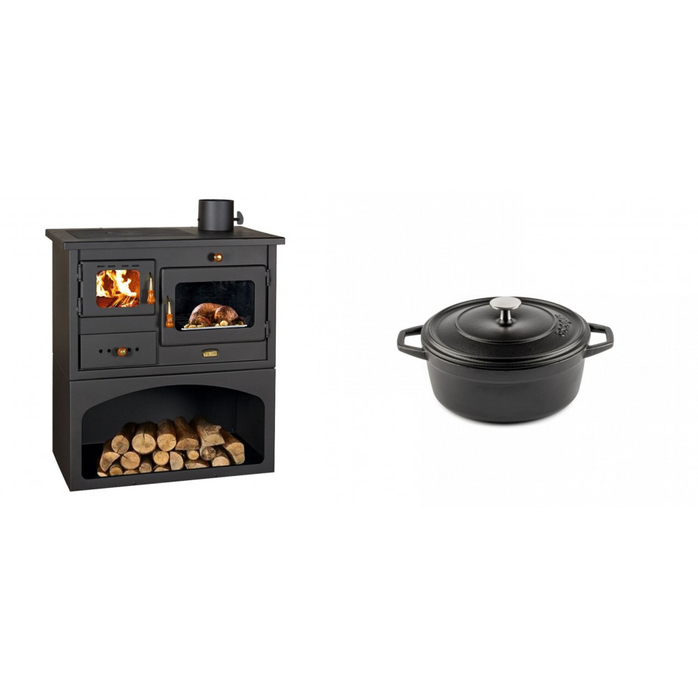 Set Küchenofen / Küchenhexe mit Backofen und Kochplatte Prity, Modell 1P34, Leistung 10.1kW + Gusseisen Topf Tiefer Solagio, Black Onyx, Ф12 | Kaminofen - Holzofen mit Backfach | Kaminofen |