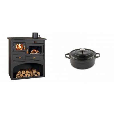 Set Küchenofen / Küchenhexe mit Backofen und Kochplatte Prity, Modell 1P34, Leistung 10.1kW + Gusseisen Topf Tiefer Solagio, Black Onyx, Ф12 - Kaminofen - Holzofen mit Backfach
