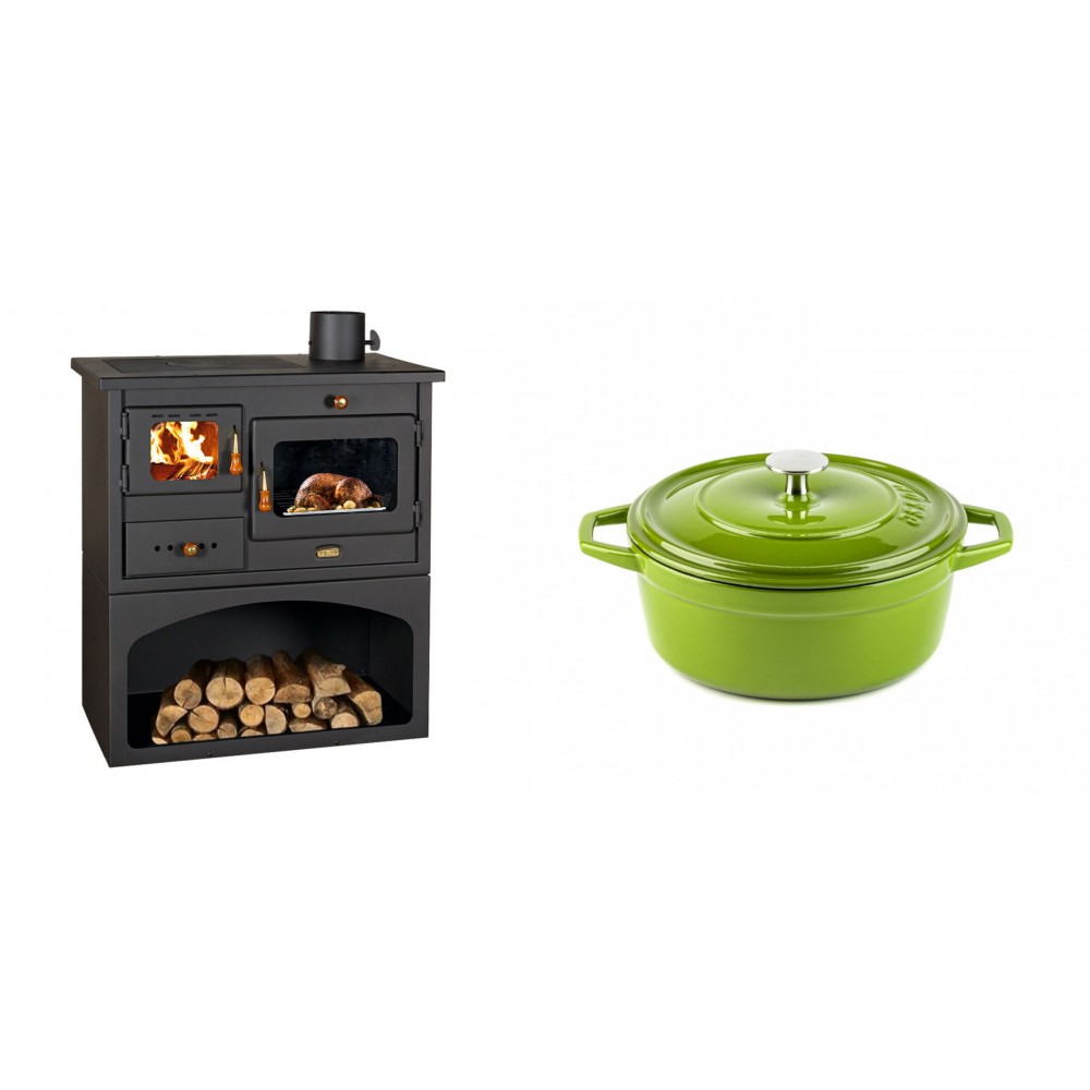 Set Küchenofen / Küchenhexe mit Backofen und Kochplatte Prity, Modell 1P34, Leistung 10.1kW + Gusseisen Topf Tiefer Solagio, Bamboo, Ф20 | Kaminofen - Holzofen mit Backfach | Kaminofen |