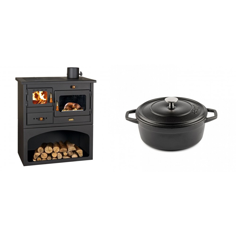 Set Küchenofen / Küchenhexe mit Backofen und Kochplatte Prity, Modell 1P34, Leistung 10.1kW + Gusseisen Topf Tiefer Solagio, Black Onyx, Ф20 | Kaminofen - Holzofen mit Backfach | Kaminofen |