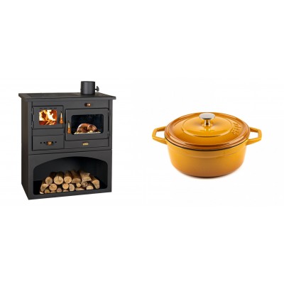 Set Küchenofen / Küchenhexe mit Backofen und Kochplatte Prity, Modell 1P34, Leistung 10.1kW + Gusseisen Topf Tiefer Solagio, Dijon, Ф20 - Kaminofen - Holzofen mit Backfach