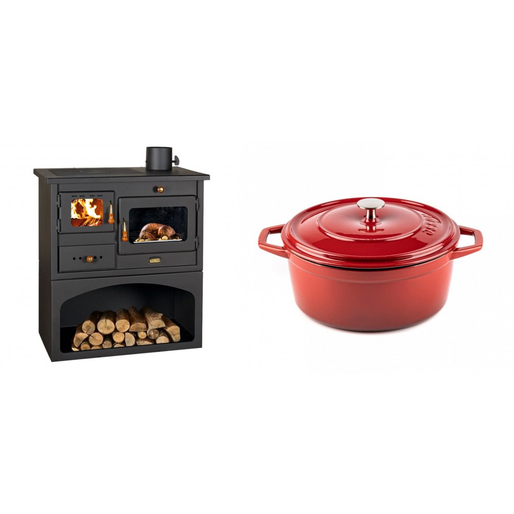 Set Küchenofen / Küchenhexe mit Backofen und Kochplatte Prity, Modell 1P34, Leistung 10.1kW + Gusseisen Topf Tiefer Solagio, Rubin, Ф24 | Kaminofen - Holzofen mit Backfach | Kaminofen |