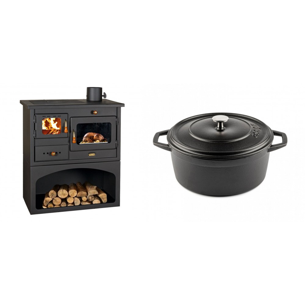 Set Küchenofen / Küchenhexe mit Backofen und Kochplatte Prity, Modell 1P34, Leistung 10.1kW + Gusseisen Topf Tiefer Solagio, Black Onyx, Ф24 | Kaminofen - Holzofen mit Backfach | Kaminofen |