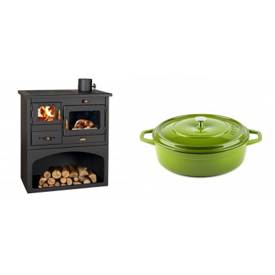 Set Küchenofen / Küchenhexe mit Backofen und Kochplatte Prity, Modell 1P34, Leistung 10.1kW + Gusseisen Topf Flach Solagio, Bamboo, Ф26 - Kaminofen - Holzofen mit Backfach