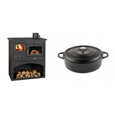 Set Küchenofen / Küchenhexe mit Backofen und Kochplatte Prity, Modell 1P34, Leistung 10.1kW + Gusseisen Topf Flach Solagio, Black Onyx, Ф26 - Kaminofen - Holzofen mit Backfach