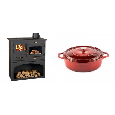 Set Küchenofen / Küchenhexe mit Backofen und Kochplatte Prity, Modell 1P34, Leistung 10.1kW + Gusseisen Topf Flach Solagio, Rubin, Ф26 - Kaminofen - Holzofen mit Backfach