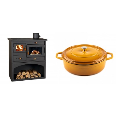 Set Küchenofen / Küchenhexe mit Backofen und Kochplatte Prity, Modell 1P34, Leistung 10.1kW + Gusseisen Topf Flach Solagio, Dijon, Ф28 - Kaminofen - Holzofen mit Backfach