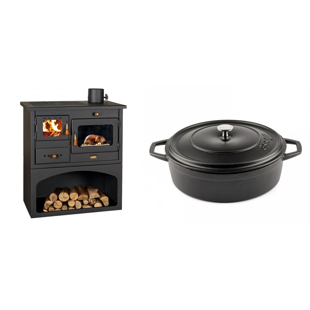 Set Küchenofen / Küchenhexe mit Backofen und Kochplatte Prity, Modell 1P34, Leistung 10.1kW + Gusseisen Topf Flach Solagio, Black Onyx, Ф28 | Kaminofen - Holzofen mit Backfach | Kaminofen |